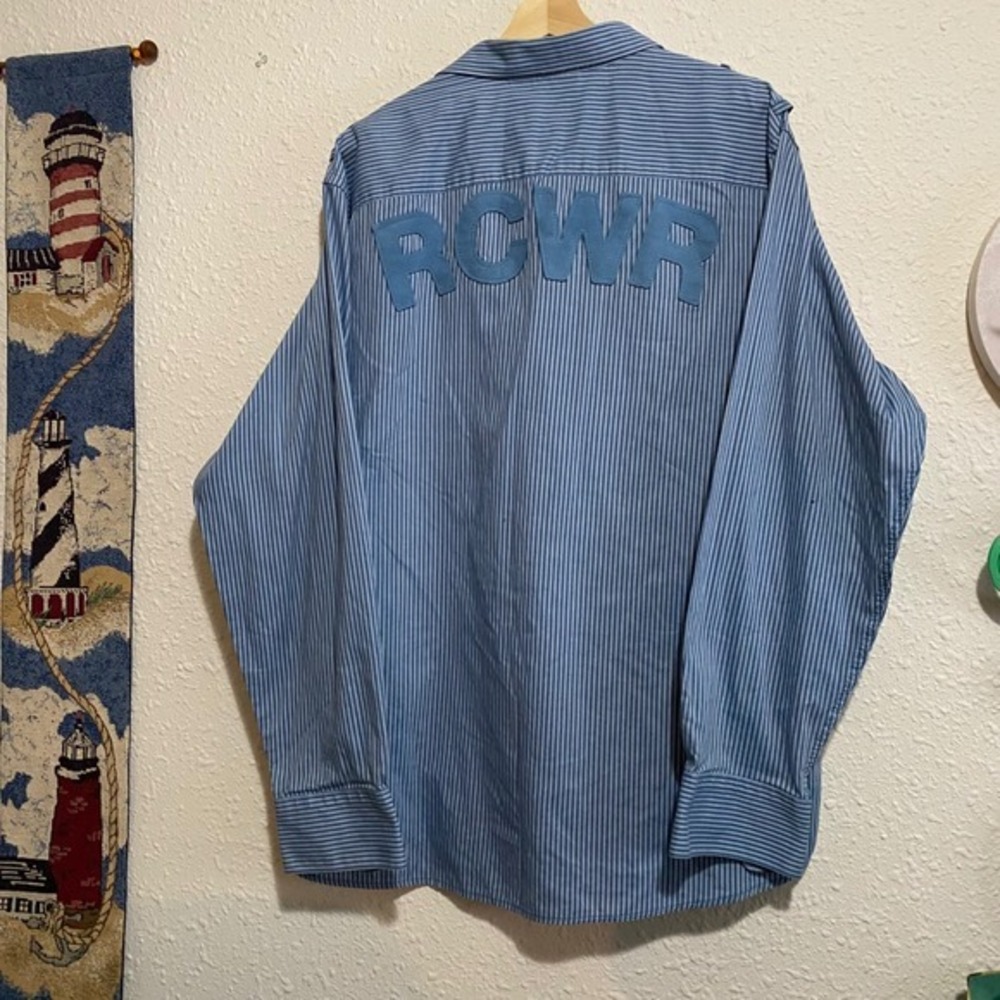 Rocawear Mens Striped Button Up Shirt Long‎ Sleeve Blue RCWR XLarge chest pocket